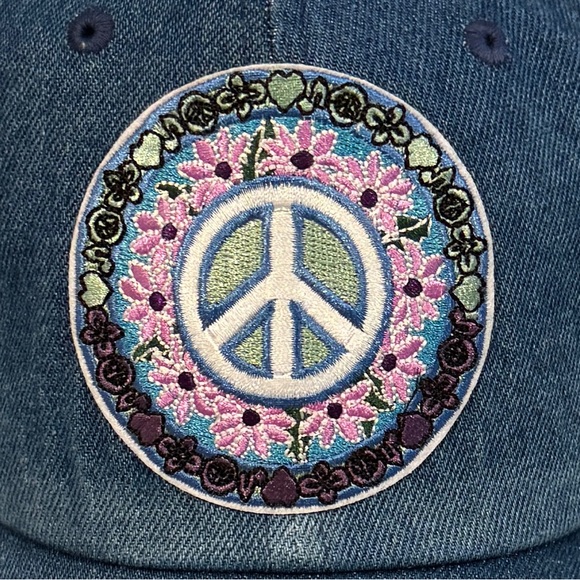 New Custom Designed Blue Distressed Baseball Cap w/ Floral Bordered Peace Sign